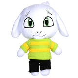 Asriel Undertale standing plush, 28 cm, with white ears, green eyes, striped green-and-yellow sweater, and black pants