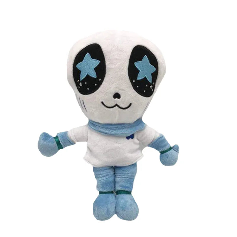 White alien plush with blue stars in black eye patches, a blue scarf, gloves, pants, and boots