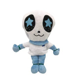 White alien plush with blue stars in black eye patches, a blue scarf, gloves, pants, and boots