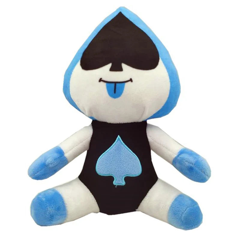 Lancer Deltarune plush with a blue spade-shaped head, blue tongue, black outfit, and blue spade emblem