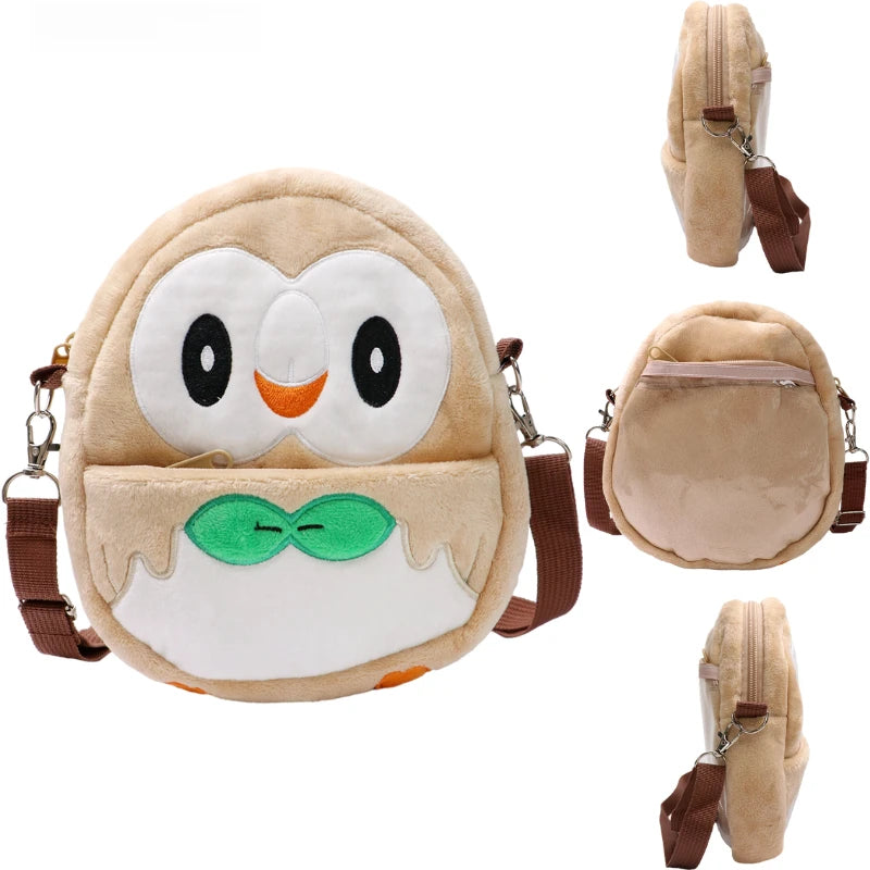 Rowlet Pokémon Mini Shoulder Bag — front, back and side views with brown strap