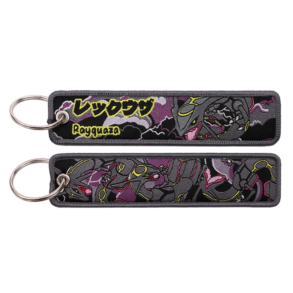 Front and back of the Shiny Rayquaza double-sided embroidered keychain with metal split ring