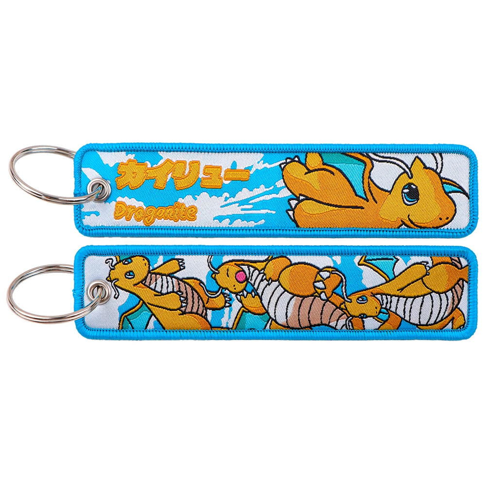 Dragonite Pokémon embroidered keychain — front and back of one blue-bordered tag