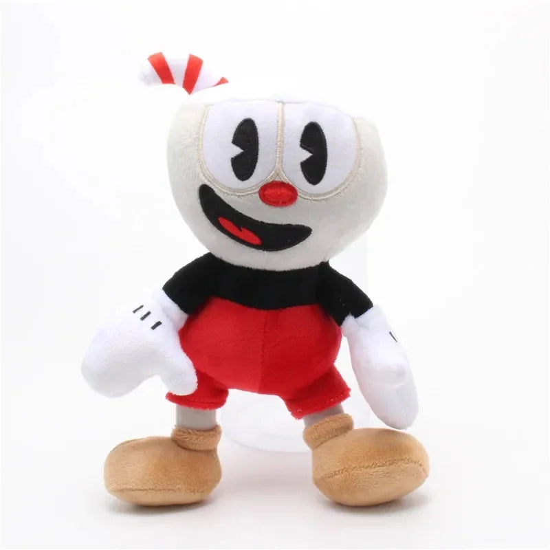 Cuphead plush with a red striped straw, red nose, white gloves, red shorts, and tan shoes
