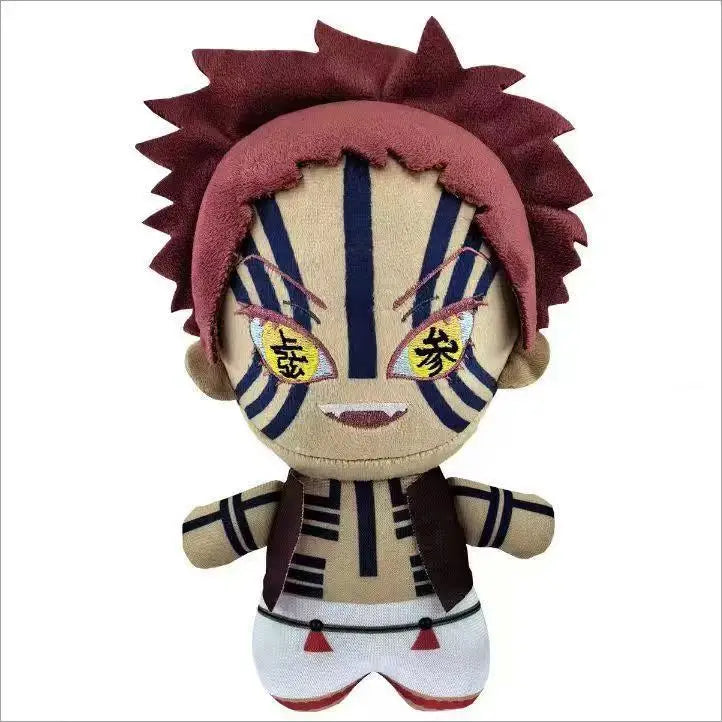 Akaza plush with pink hair, blue stripe markings and white pants