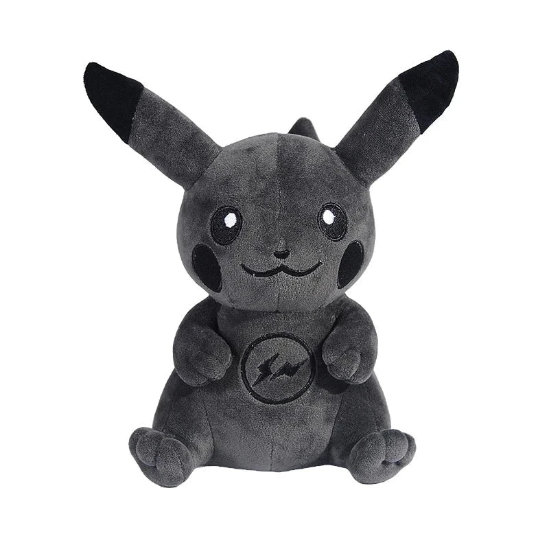 Seated black and charcoal-gray Pikachu plush with pointed ears and a lightning-bolt belly emblem