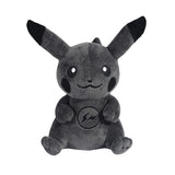 Seated black and charcoal-gray Pikachu plush with pointed ears and a lightning-bolt belly emblem