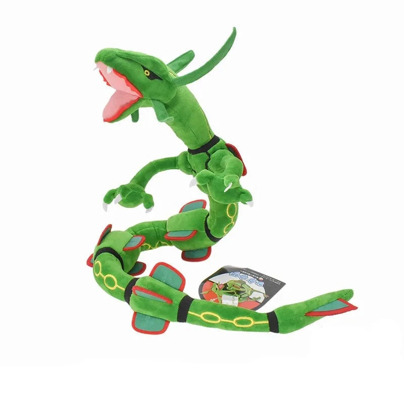 Green Rayquaza Pokémon plush with yellow rings and red accents