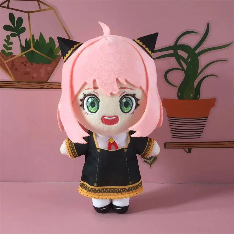 Anya Forger plush with pink hair and a black-and-gold school uniform