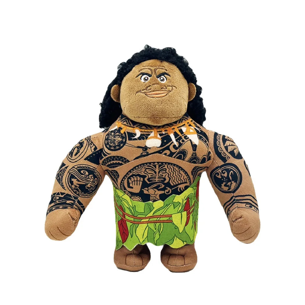 Maui Moana plush with black curly hair, printed tattoos, and green leaf-pattern skirt