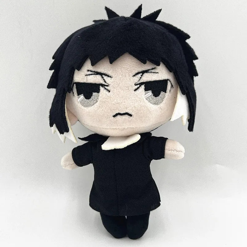 Ryunosuke Akutagawa plush with black hair with white tips, a dark outfit and an embroidered frown