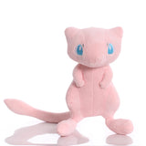 Front view of pink 23 cm Mew plush with blue eyes and a long curved tail