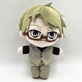 Doppo Kunikida plush with blond hair, glasses and a tan vest-and-pants outfit