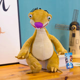 Sid sloth plush from Ice Age with green eyes, a purple nose, and a cream-colored belly