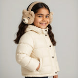 Brown plush bear-face earmuffs with rounded ears, cream muzzles and a matching fuzzy headband worn by a child