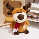 Brown reindeer plush with antlers, red scarf, white muzzle, and snowflake detail