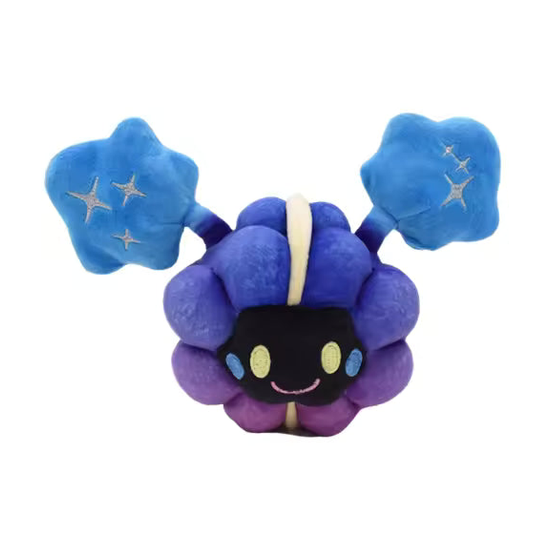 Purple Cosmog Pokémon plush with smiling black face and blue star-patterned clouds