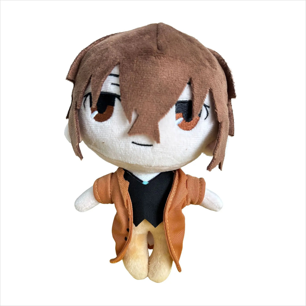 Osamu Dazai plush with brown hair, a tan coat and an embroidered smiling face