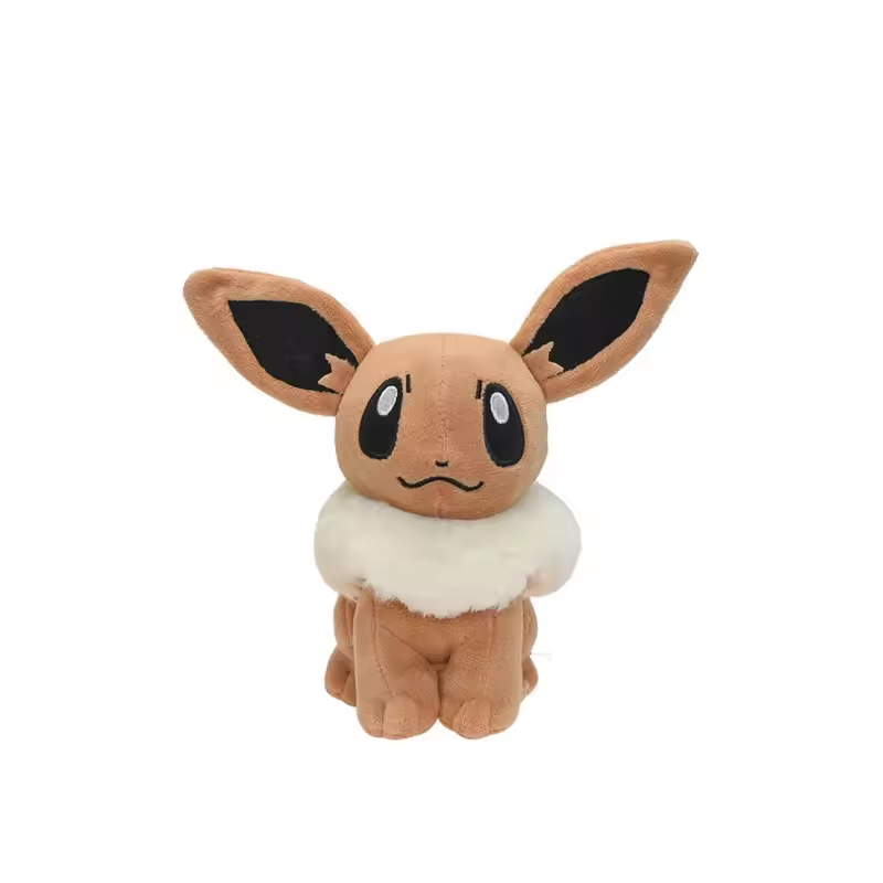 Seated brown 18 cm Eevee plush with tall ears, black eyes, and a cream-colored collar