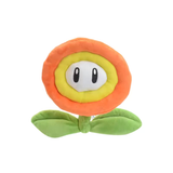 Orange Fire Flower plush with yellow center and green leaves