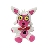 White and pink Funtime Foxy plush with yellow eyes and red bow tie