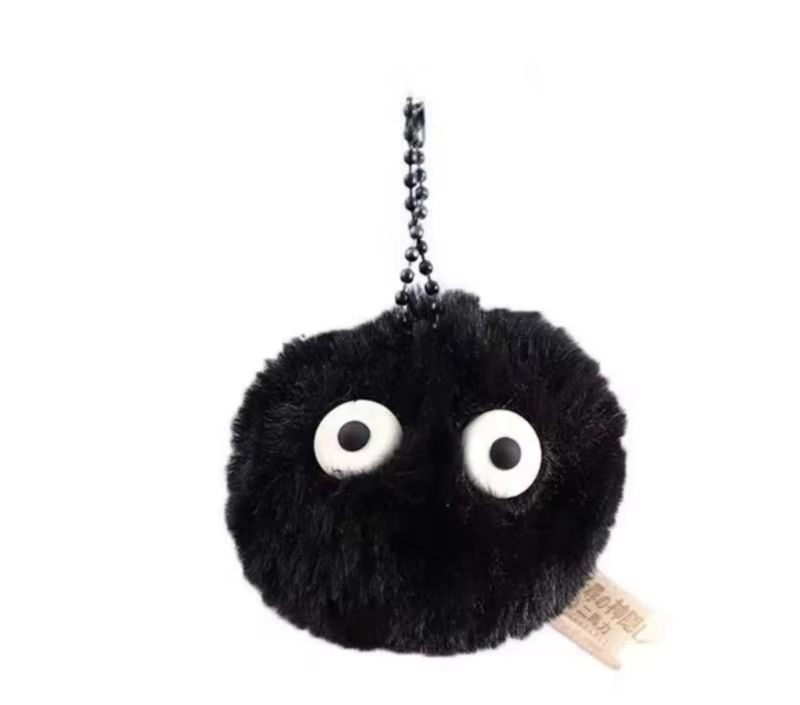 Black fuzzy round plush charm with white eyes and a black ball chain