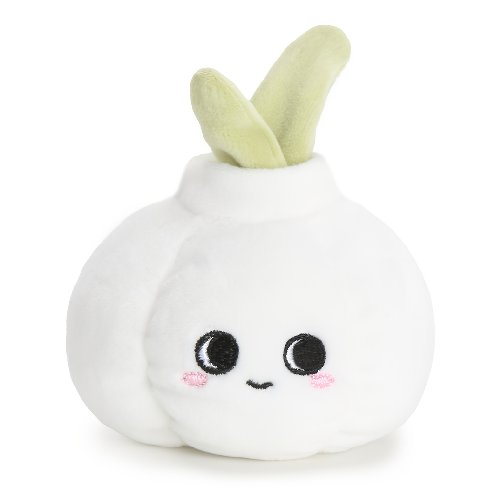 White garlic bulb plush with green shoots, embroidered eyes and pink cheeks