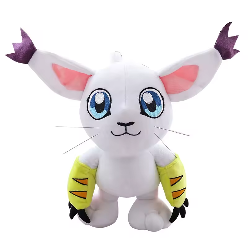 White Gatomon plush with blue eyes, purple ear tips, and yellow striped gloves