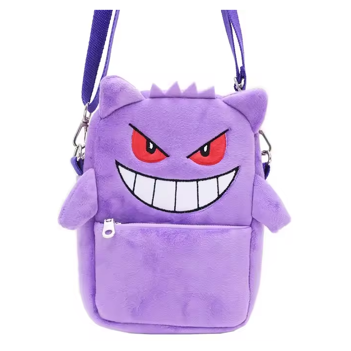 Purple Gengar mini shoulder bag with red eyes, smiling face, zippered front pocket, and purple strap