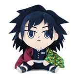 Giyu Tomioka seated plush with dark blue hair and two-pattern haori