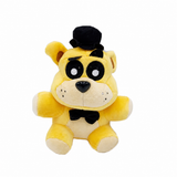 Yellow Golden Freddy FNAF plush with dark eyes, black top hat, and bow tie