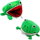 Green frog plush coin purse shown closed and open with its red interior