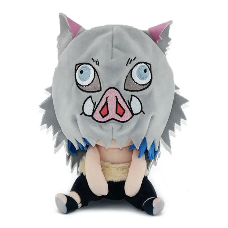 Inosuke Hashibira seated plush with gray boar mask and seated pose and dark pants