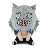 Inosuke Hashibira seated plush with gray boar mask and seated pose and dark pants