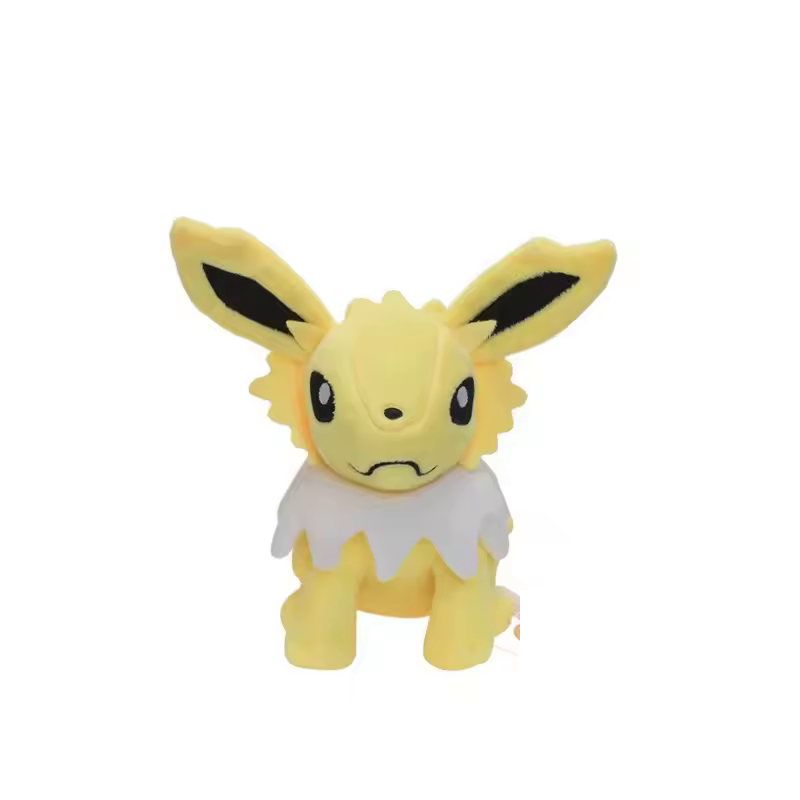 Seated yellow Jolteon Pokémon plush with black-lined ears and a pointed white collar
