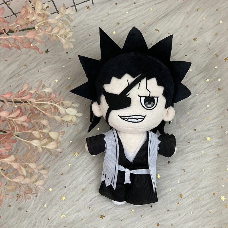 Kenpachi Zaraki plush with spiky black hair, an eye patch and a black-and-white outfit