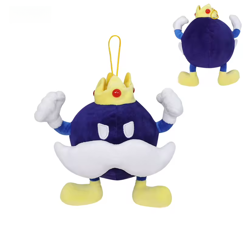 King Bob-omb plush with yellow crown, white mustache, and yellow feet