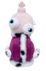 Kinger plush with blue eyes, a pale chess-piece head, and a purple robe with white and black trim