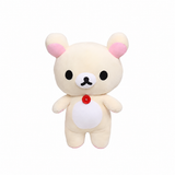 Cream-colored Korilakkuma bear plush with pink ears, a white belly, and a red button detail, 28 cm