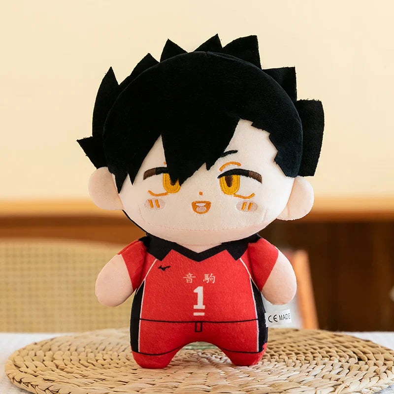 Tetsuro Kuroo plush with spiky black hair and a red number 1 volleyball uniform