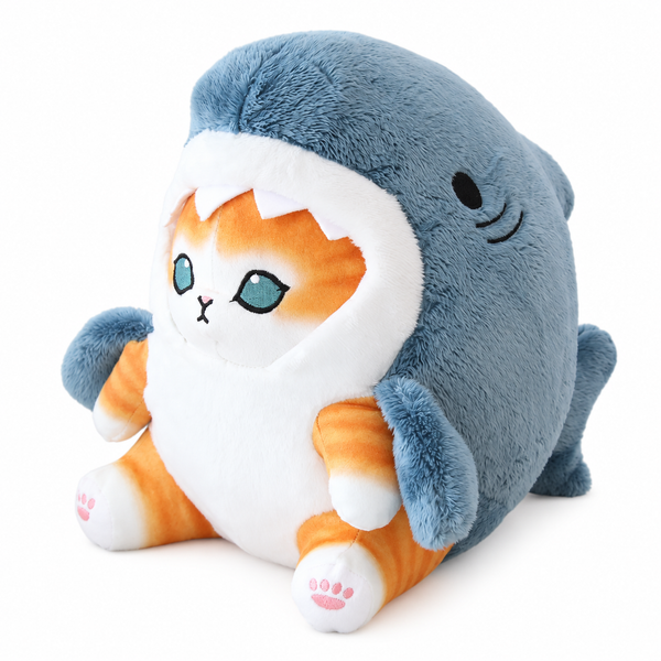 Shark-Costume Cat Plush – Blue & Pastel – 20 & 33 cm