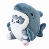 Blue Shark / Gray Cat plush with shark hood, fins and pink paw details