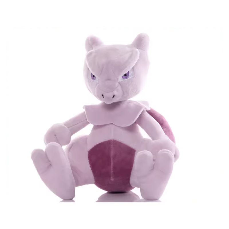 Seated Mewtwo character plush with a purple belly and tail on a white background