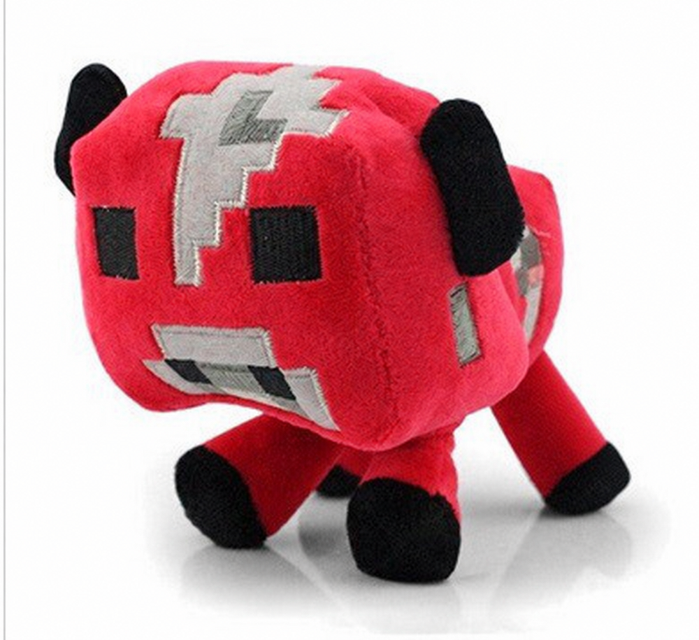 Red Minecraft cow plush with gray pixel patches, black ears, and black hooves