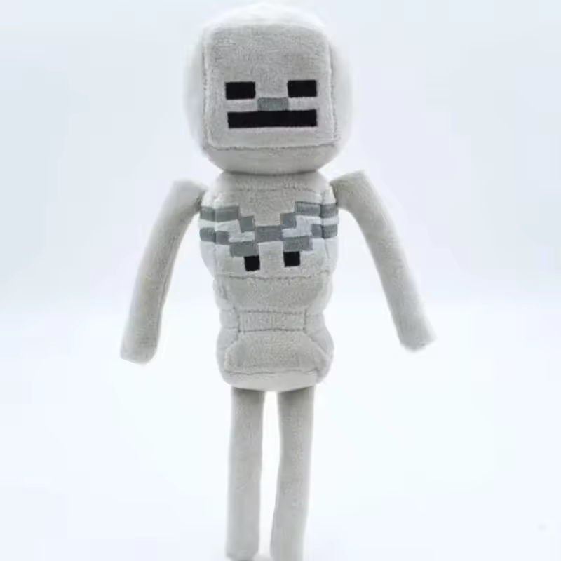 Gray Minecraft Skeleton plush with a block-shaped head and long limbs