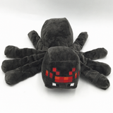 Black Minecraft spider plush with eight legs, red pixel eyes, and white square fangs