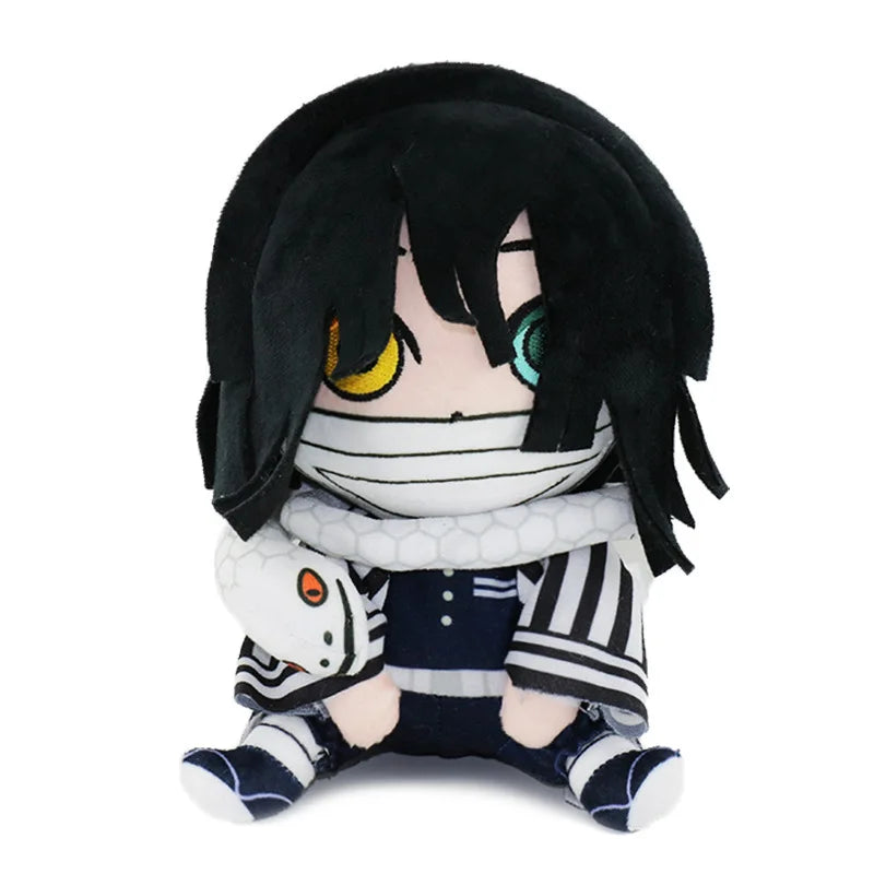 Obanai Iguro seated plush with black hair and different-colored eyes and striped haori and white snake detail