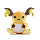 Raichu character plush with orange body, curled brown ears and white belly on a white background