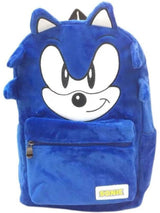 Blue Sonic the Hedgehog plush backpack with character face, ears and zippered front pocket