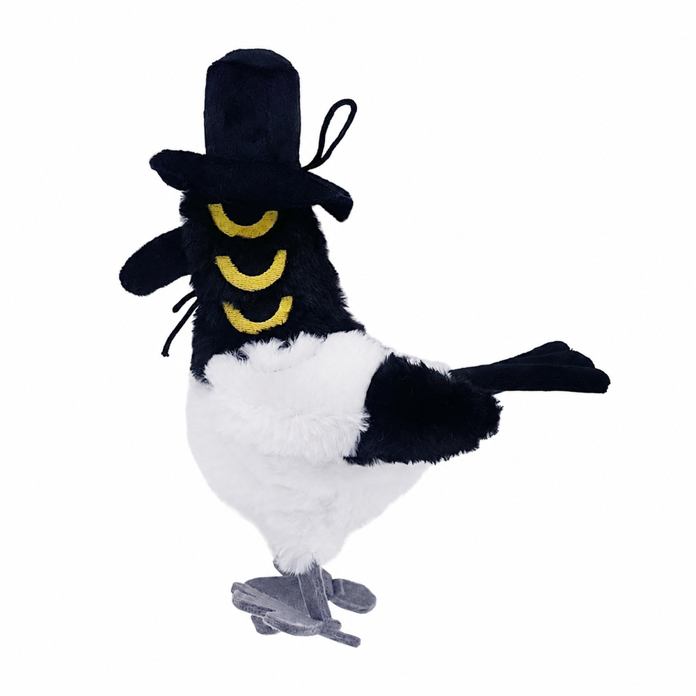 Sussie magpie plush with black top hat and three yellow eyes